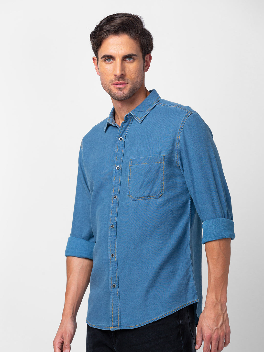 Spykar Men Light Blue Cotton Slim Fit Plain Shirt