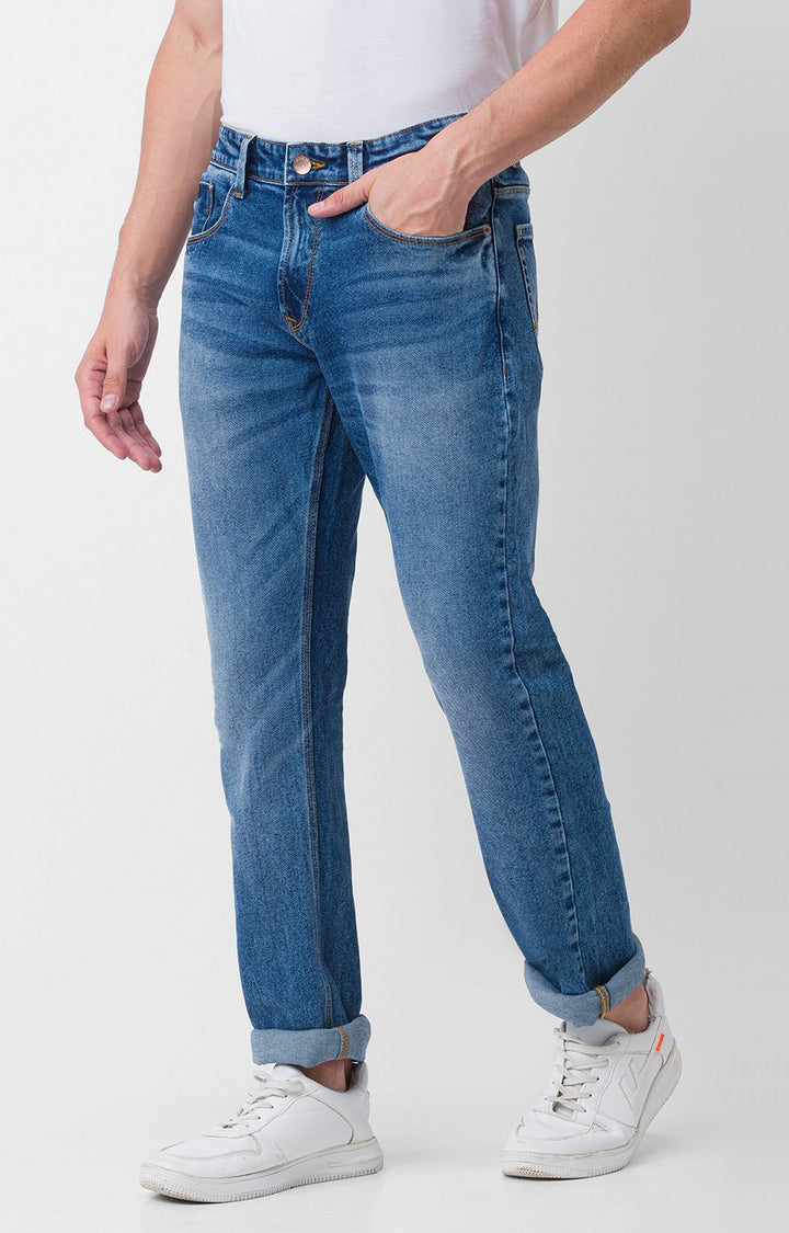 Spykar Mid Blue Cotton Comfort Fit Straight Length Jeans For Men (Ricardo)