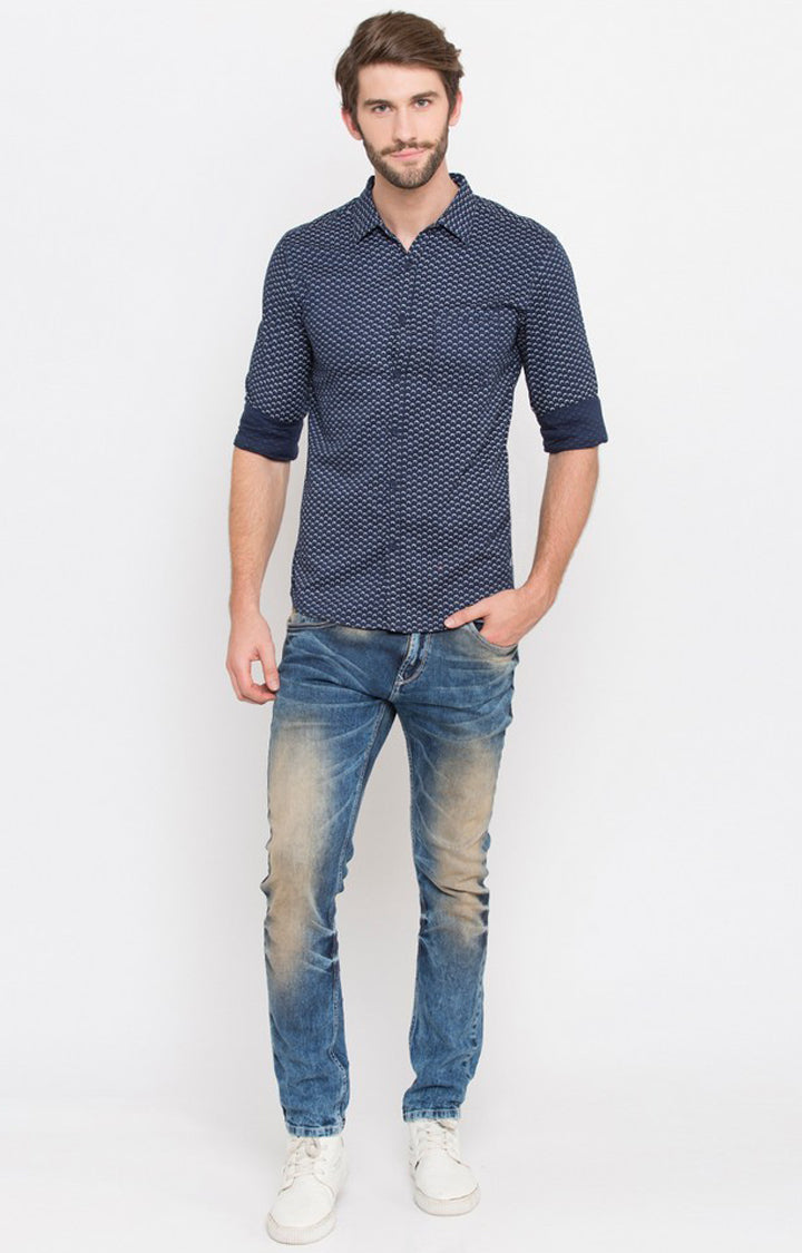 Spykar Blue Cotton Slim Fit Shirts For Men