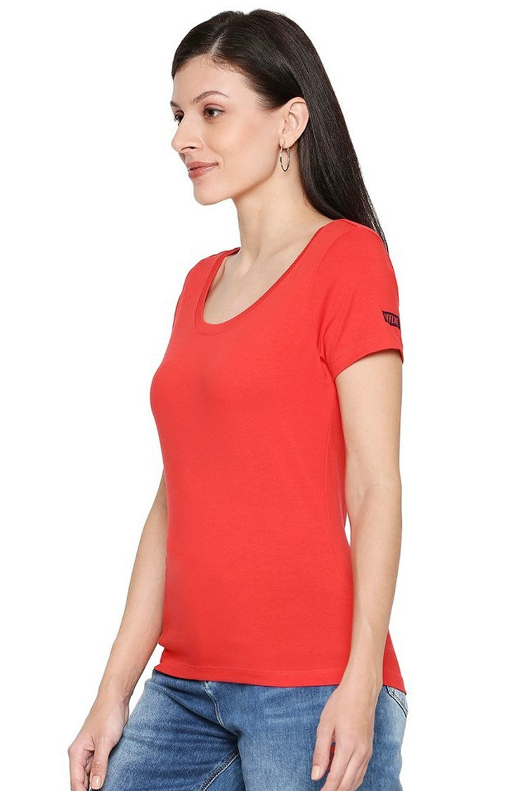 Spykar Women Cotton Red T-Shirt