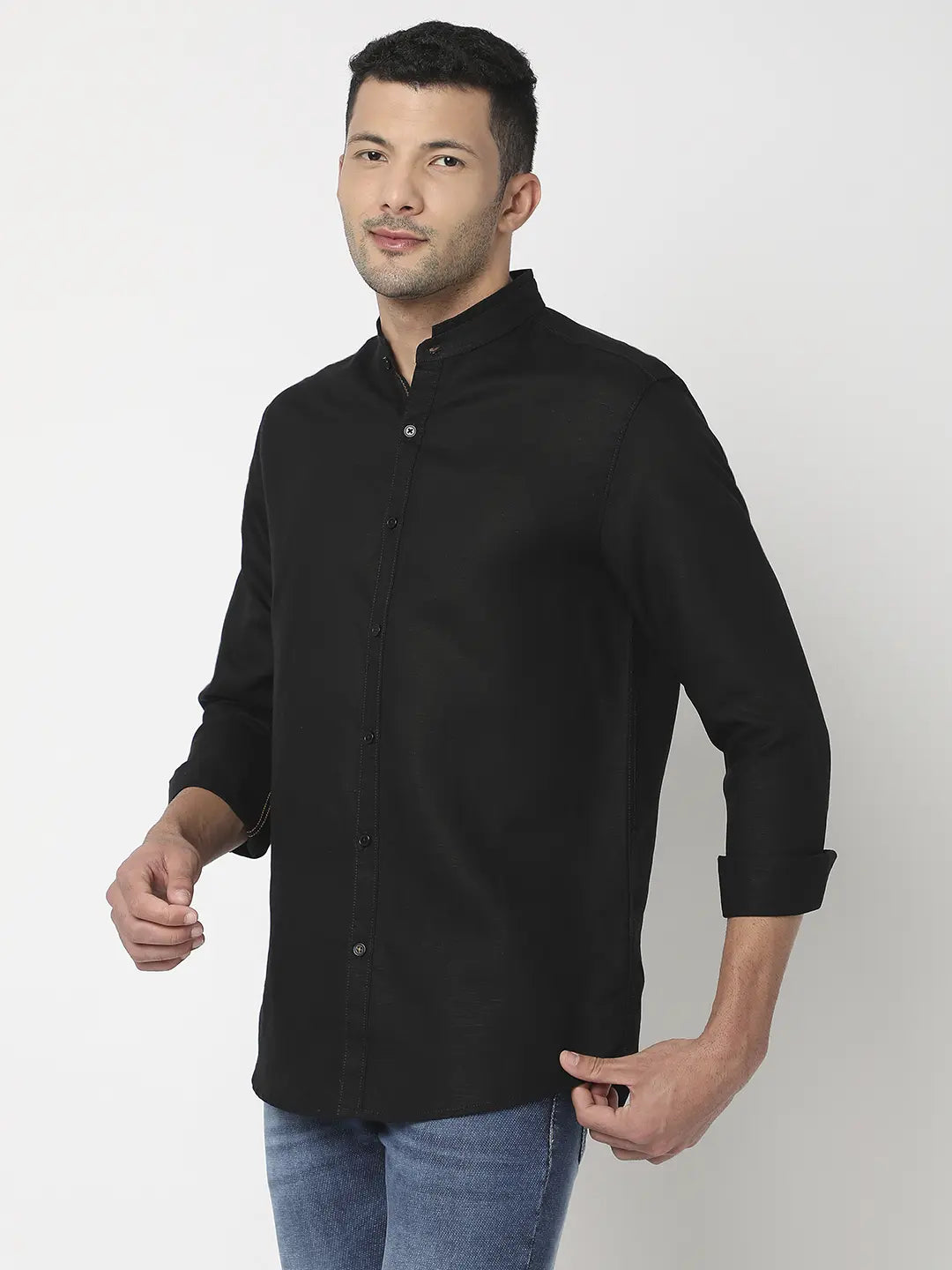 Spykar Men Black Cotton Slim Fit Plain Shirt