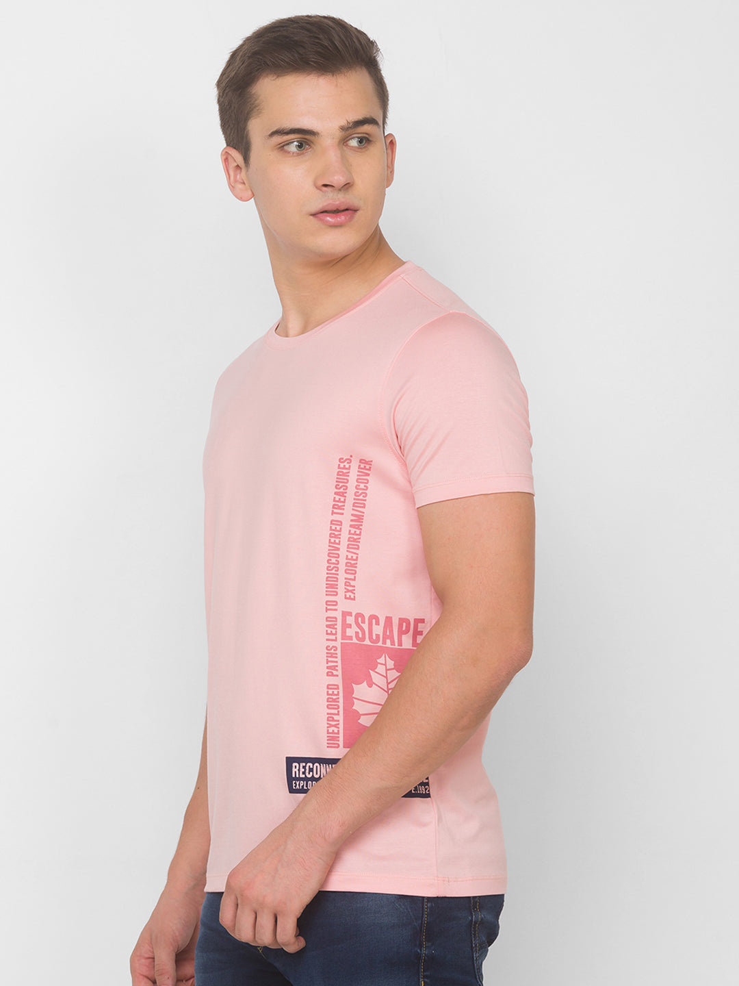 Spykar Men Pink Cotton Slim Fit Round Neck T-Shirt