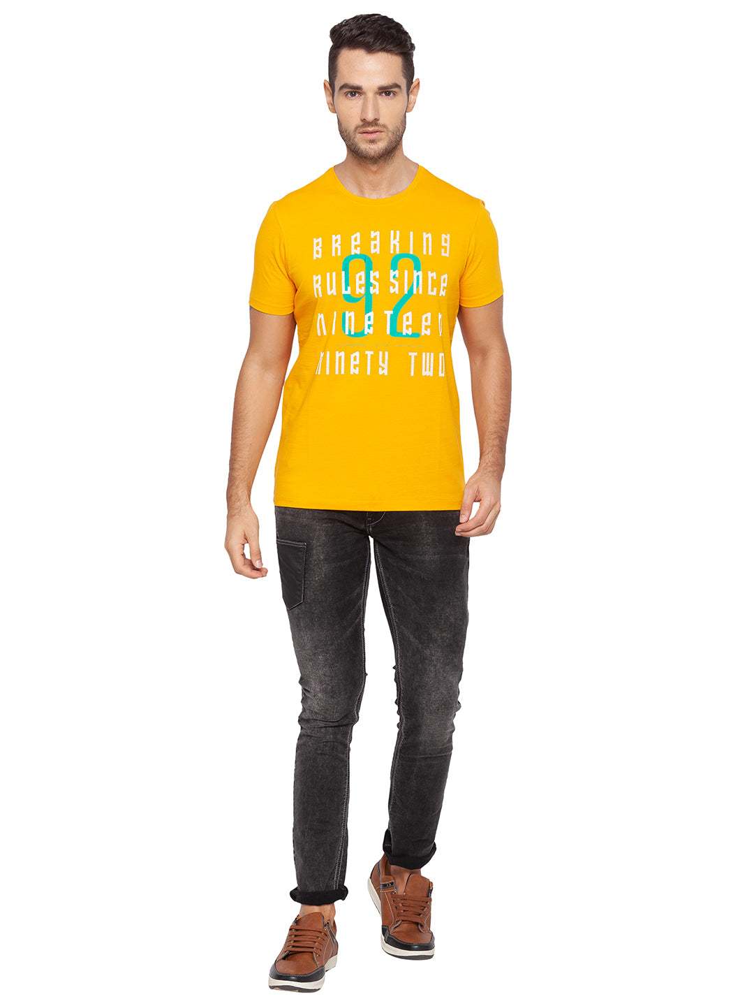 Spykar Men Yellow Cotton Slim Fit Round Neck T-Shirt