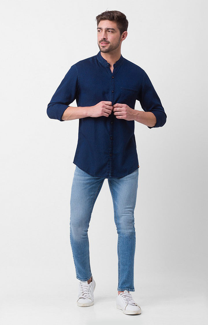 Spykar Dark Blue Cotton Full Sleeve Denim Shirt For Men