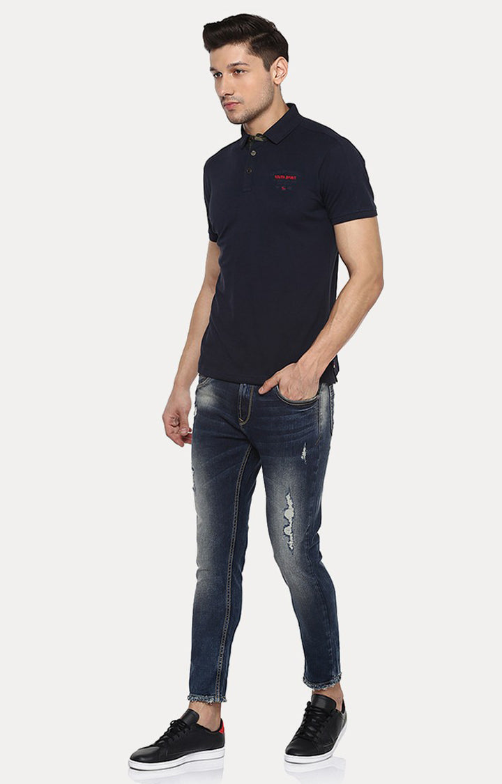 Spykar Blue Solid Slim Fit Polo T-Shirt