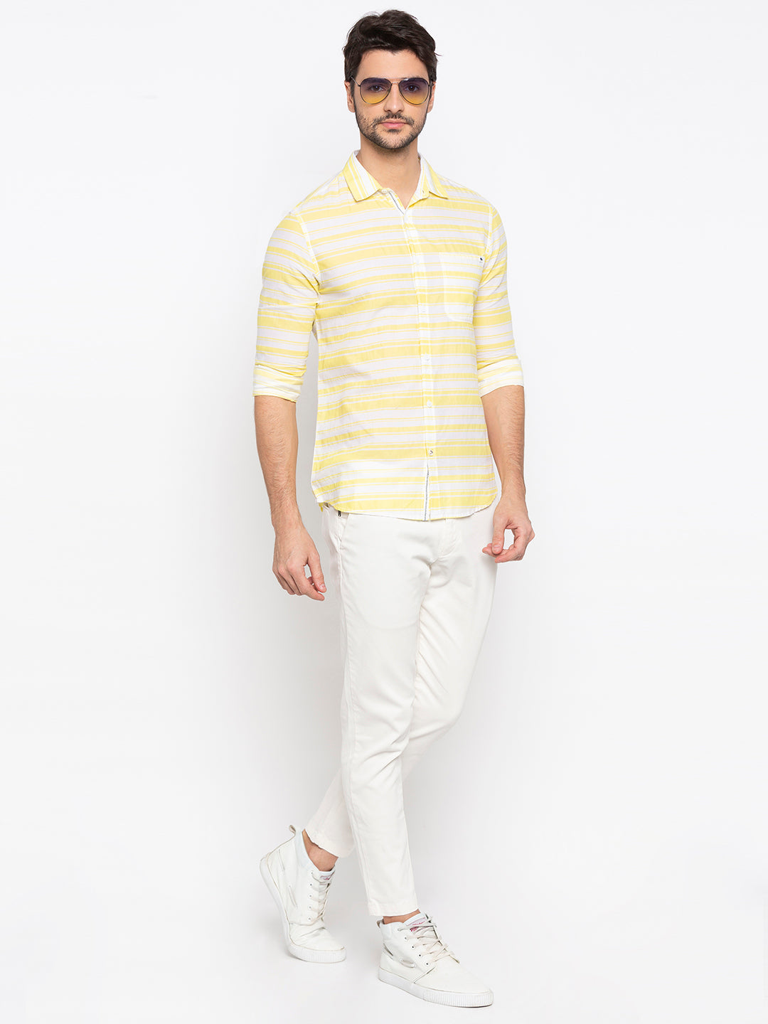 Spykar Men Lemon Yellow Cotton Slim Fit Shirt