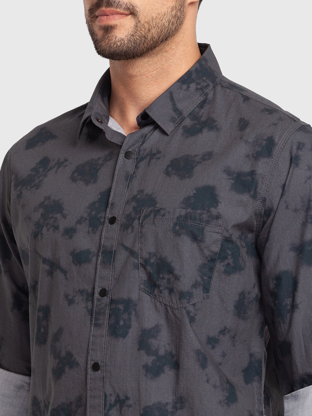 Spykar Charcoal Grey Cotton Full Sleeve Printed Shirt For Men