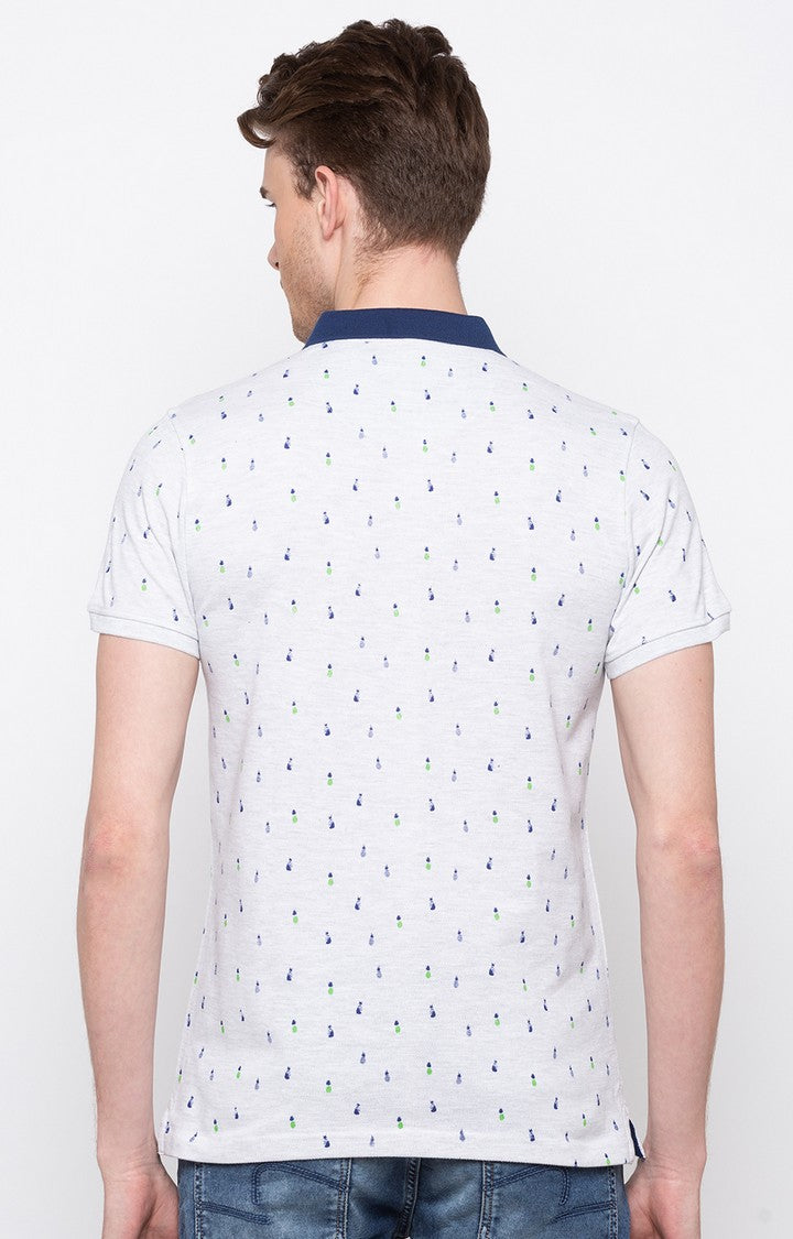 Spykar White Printed Slim Fit Polo T-Shirt