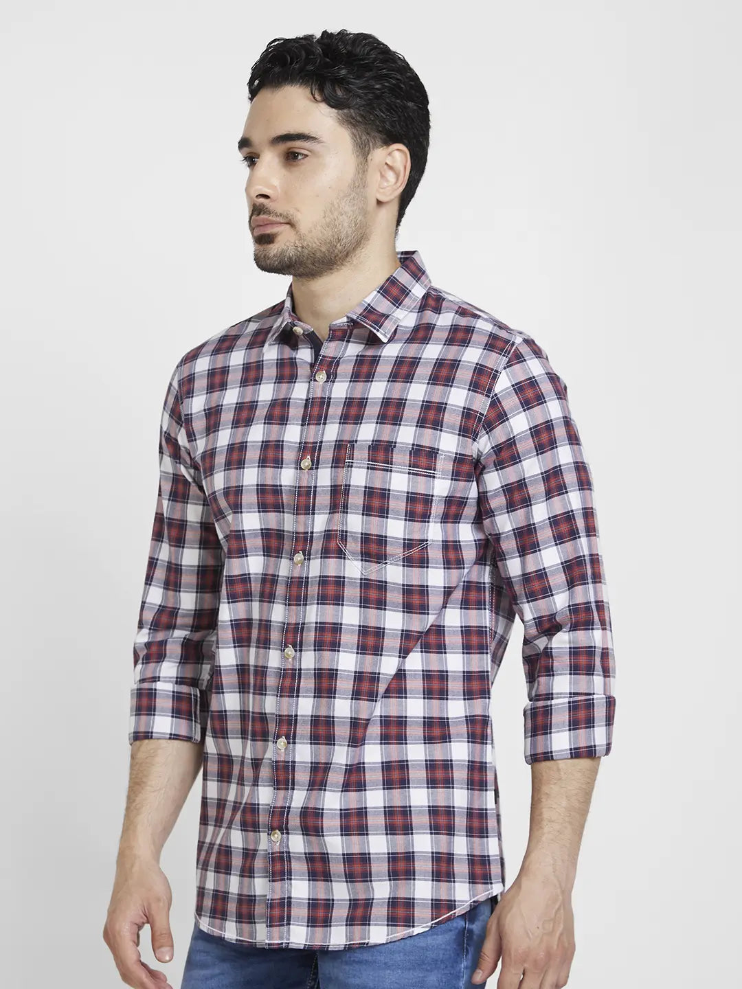 Spykar Men Brick Red Cotton Regular Slim Fit Full Sleeve Checkered Shirt