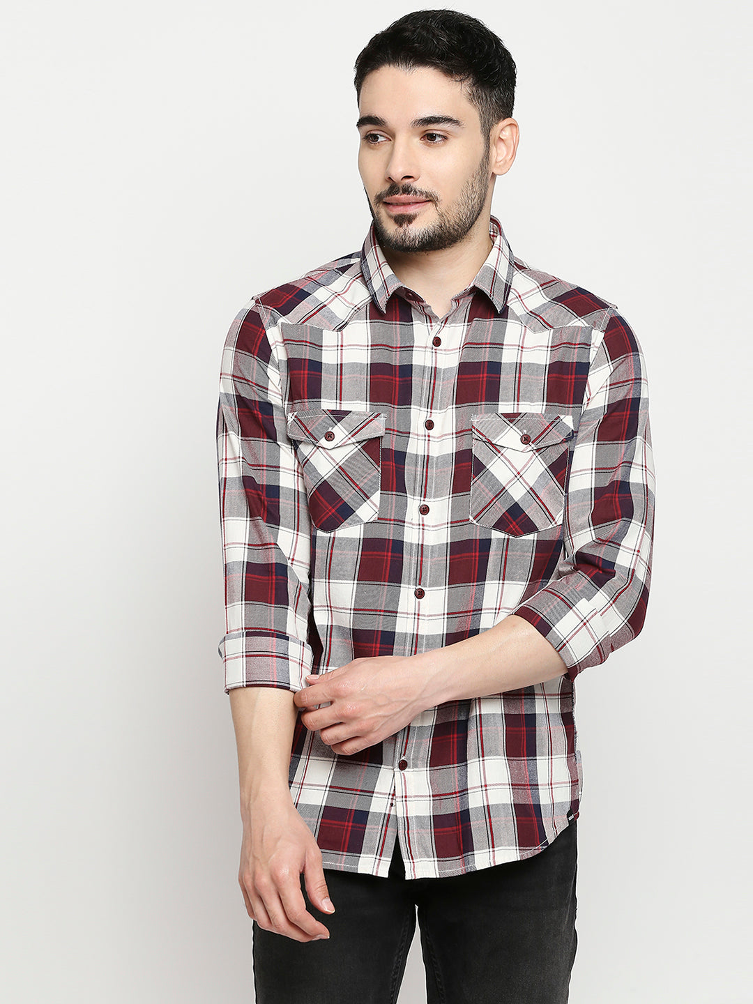 Spykar Men Maroon Cotton Slim Fit Full Sleeve Checkered Shirt