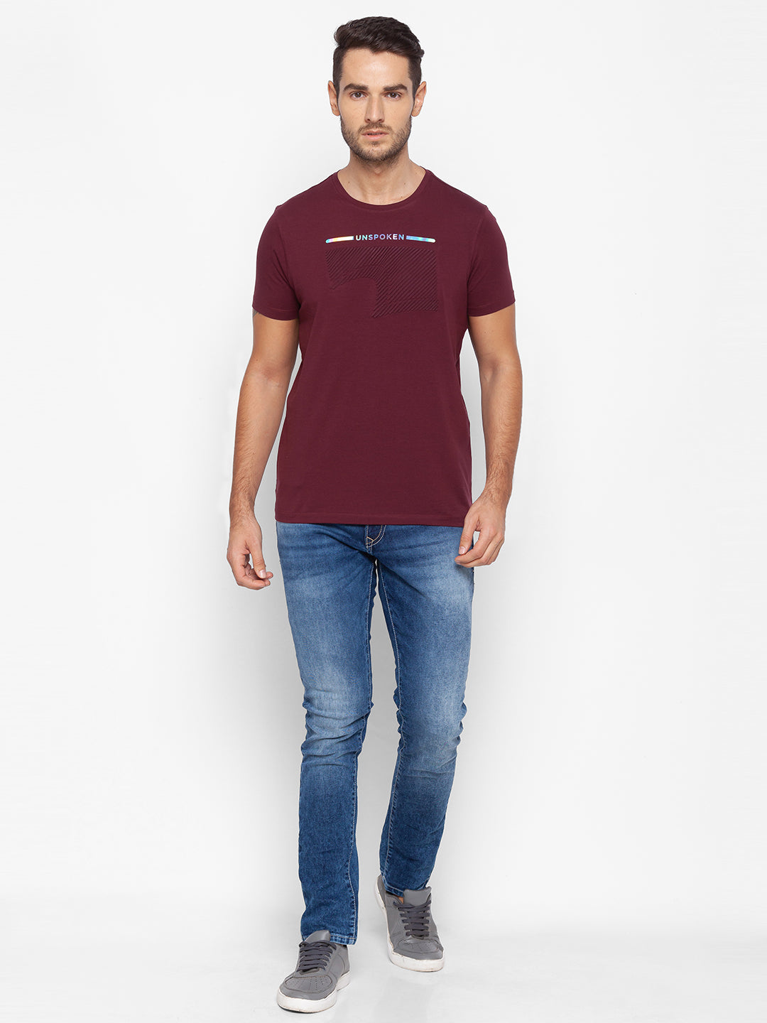 Spykar Men Red Cotton Slim Fit Round Neck T-Shirt