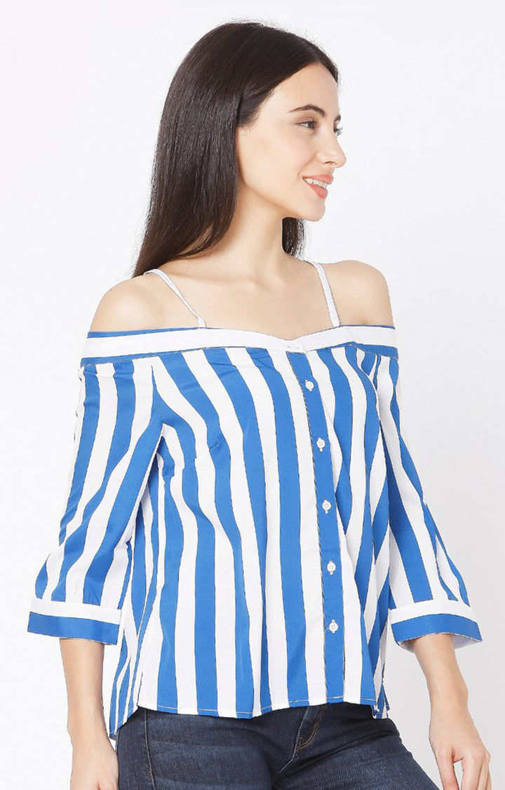 Spykar Slim Fit Blue Cotton Women Off Shoulder Stripe Top