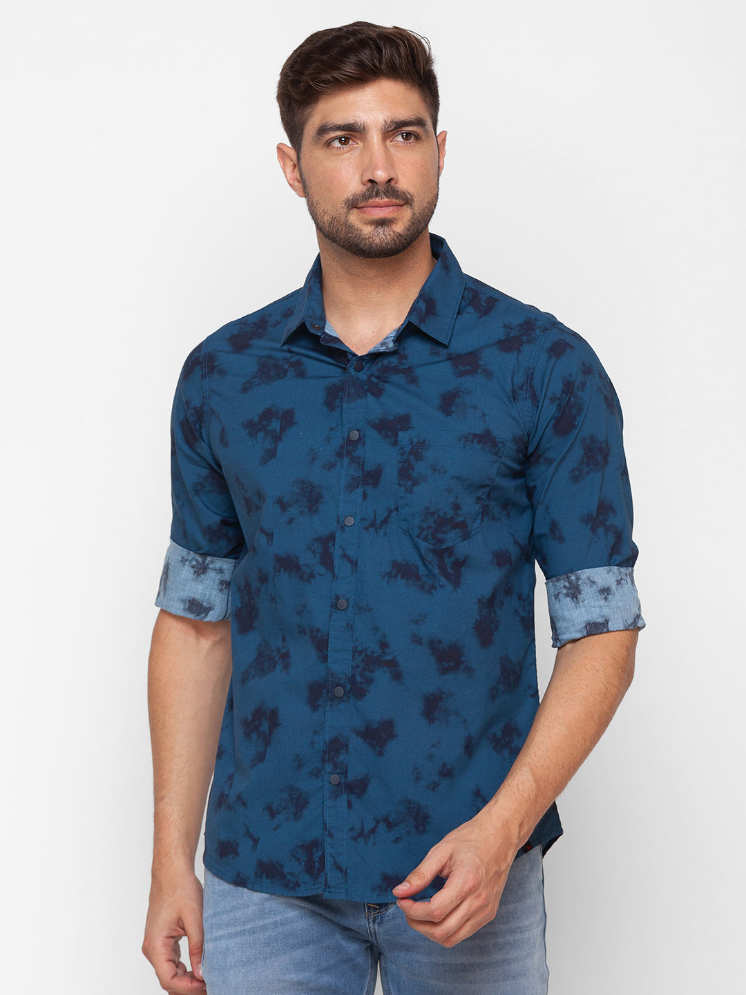 Spykar Indigo Blue Cotton Full Sleeve Printed Shirt For Men