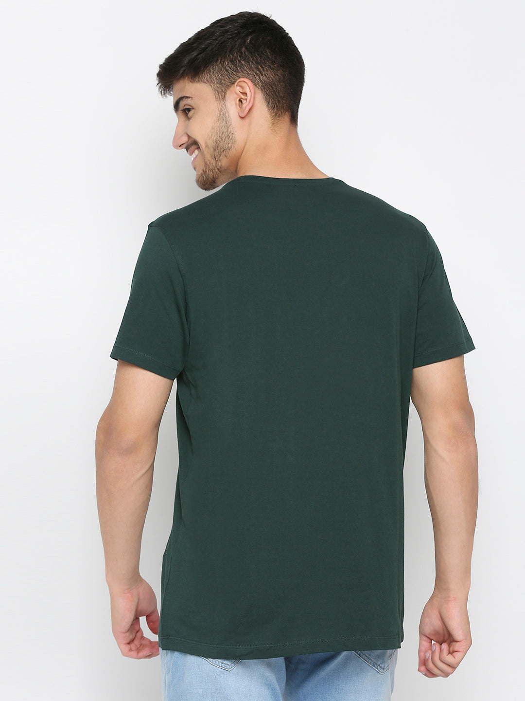 Spykar Bottle Green Cotton Half Sleeve Printed Casual T-Shirt For Men