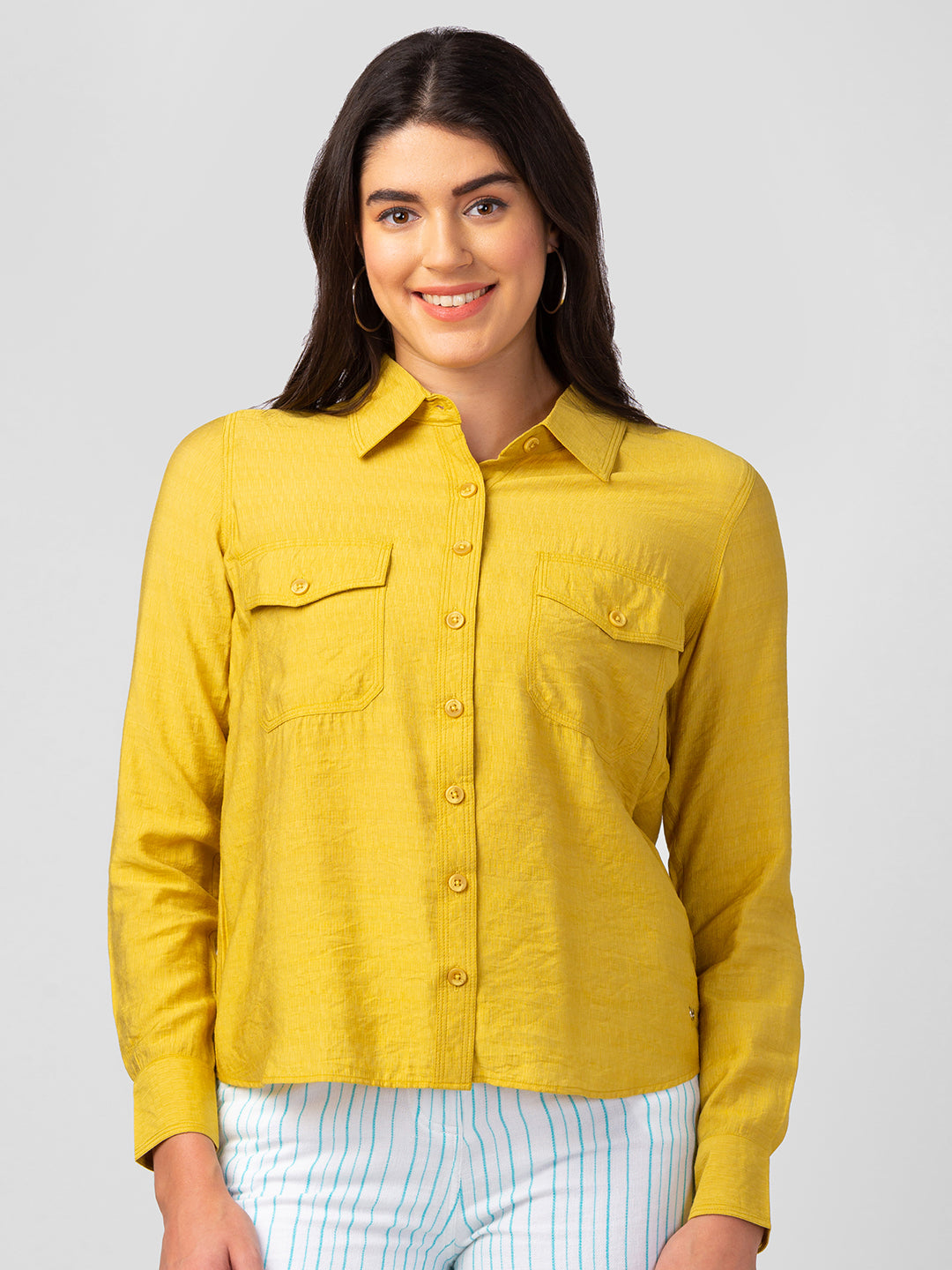 Spykar Women Mustard Polyester Regular Fit Plain Shirts