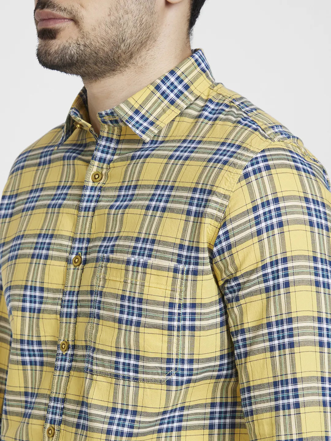 Spykar Men Yellow Cotton Regular Slim Fit Full Sleeve Checkered Shirt