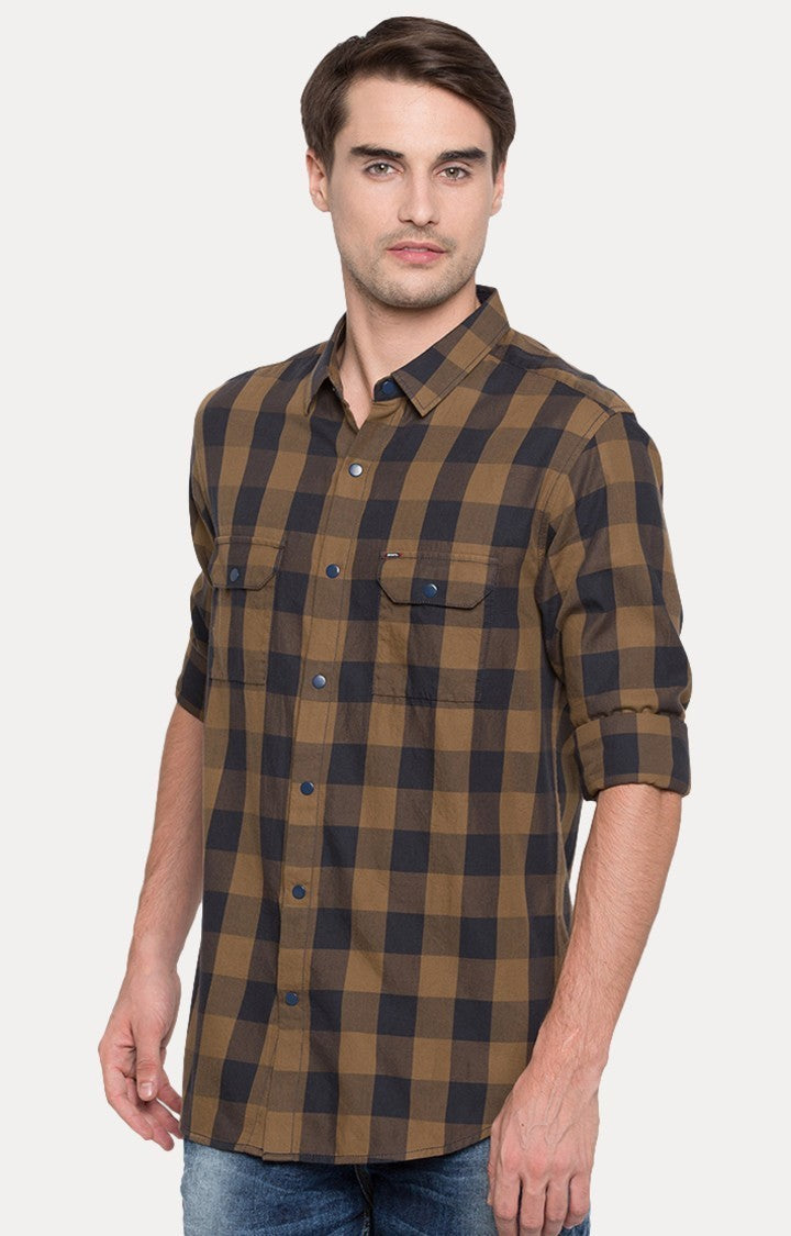 Spykar Men'S Brown Cotton Checked Casual Shirts