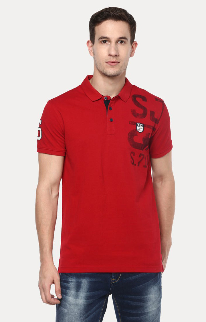 Spykar Red Solid Slim Fit Polo T-Shirt