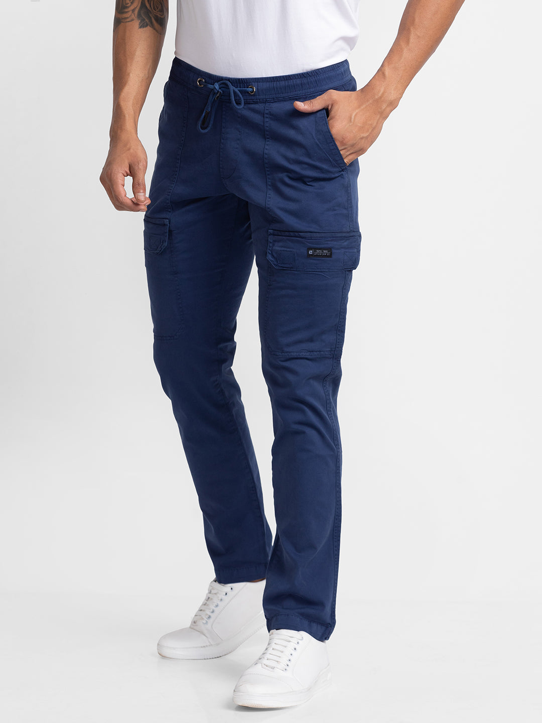 Spykar Navy Blue Cotton Slim Fit Regular Length Trouser For Men