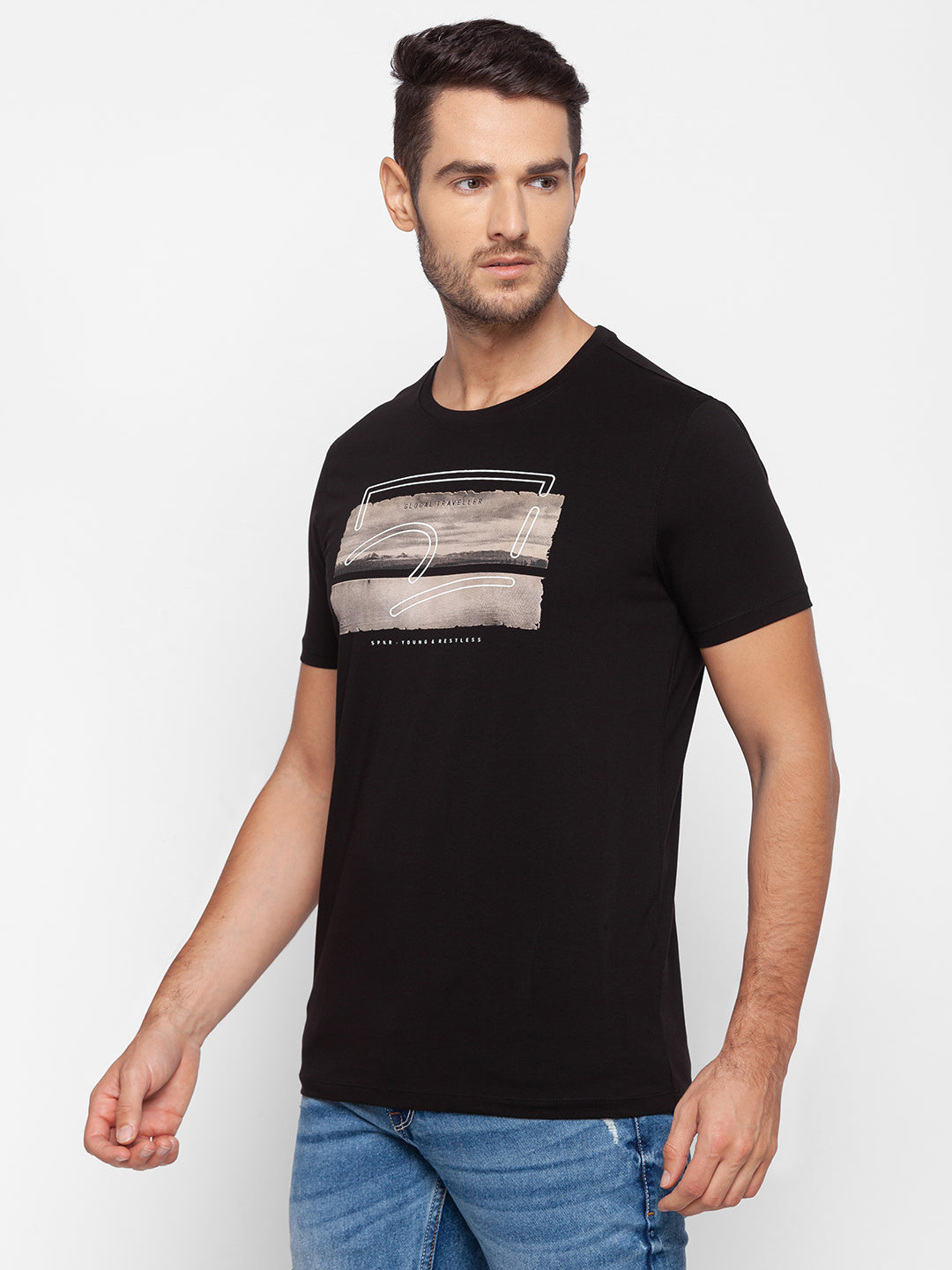 Spykar Men Black Cotton Slim Fit Round Neck T-Shirt