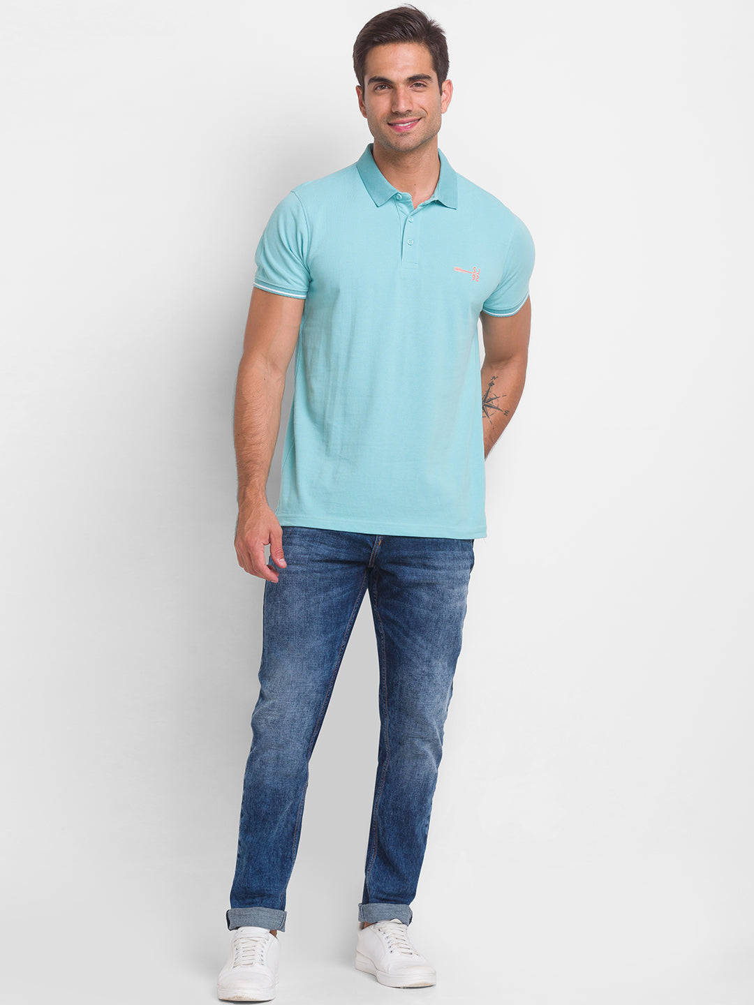 Spykar Cool Blue Cotton Half Sleeve Plain Casual Polo T-Shirt For Men