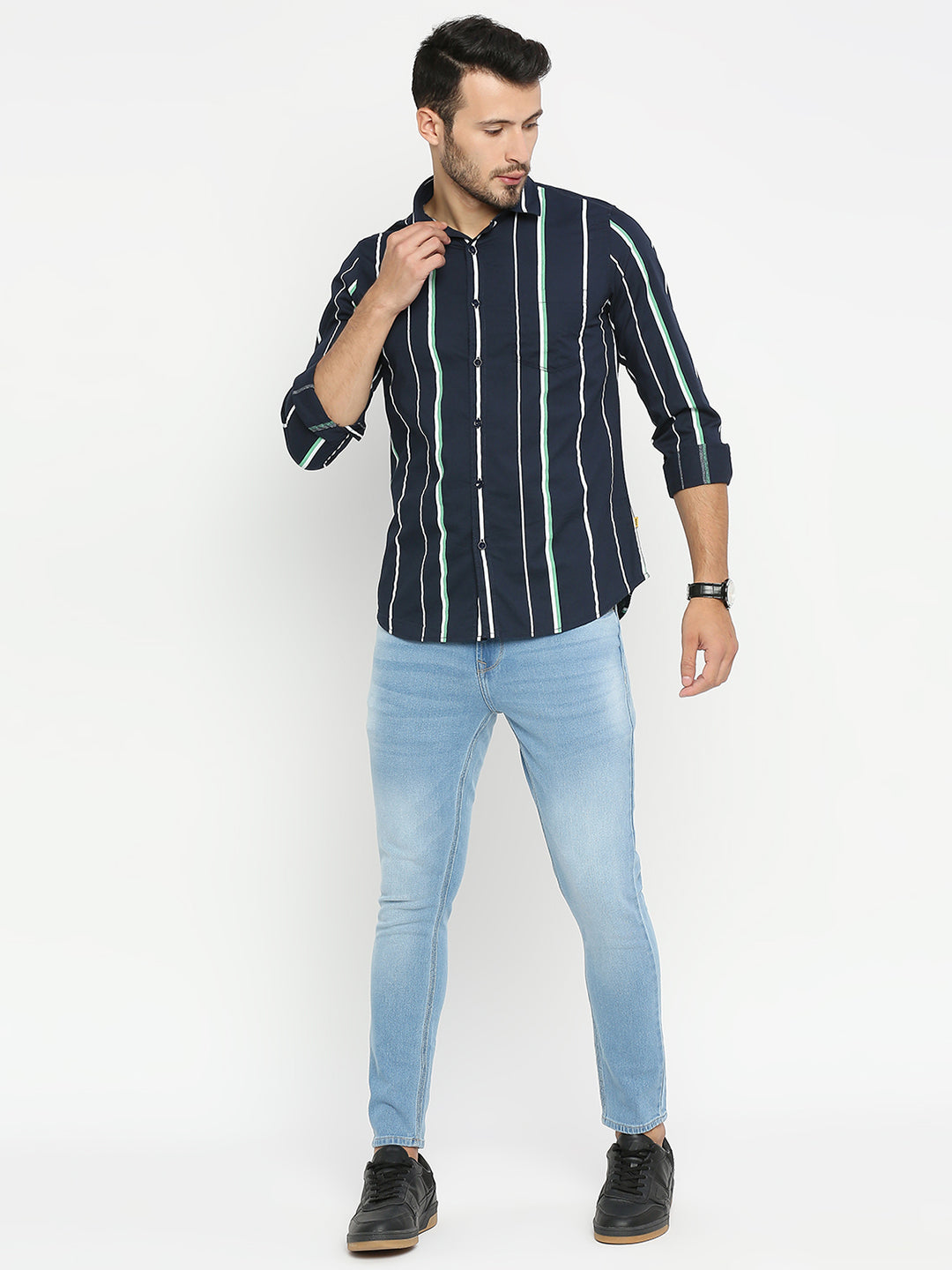 Spykar Men Navy Blue Cotton Full Sleeve Striped Shirt