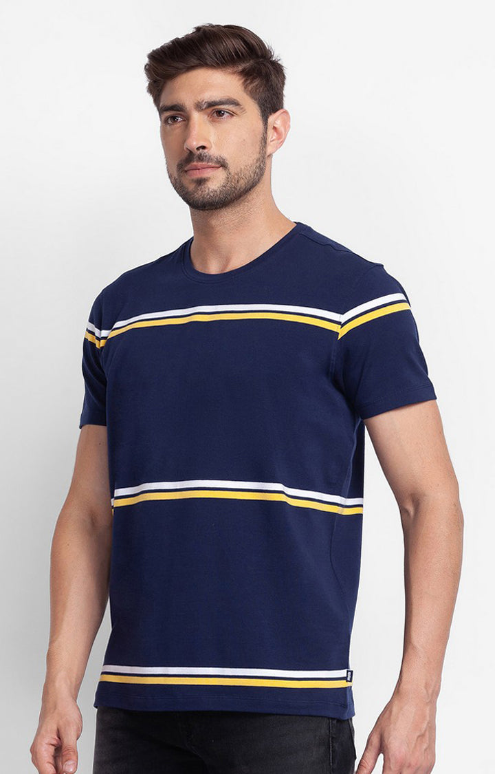 Spykar Navy Blue Cotton Half Sleeve Stripes Casual T-Shirt For Men