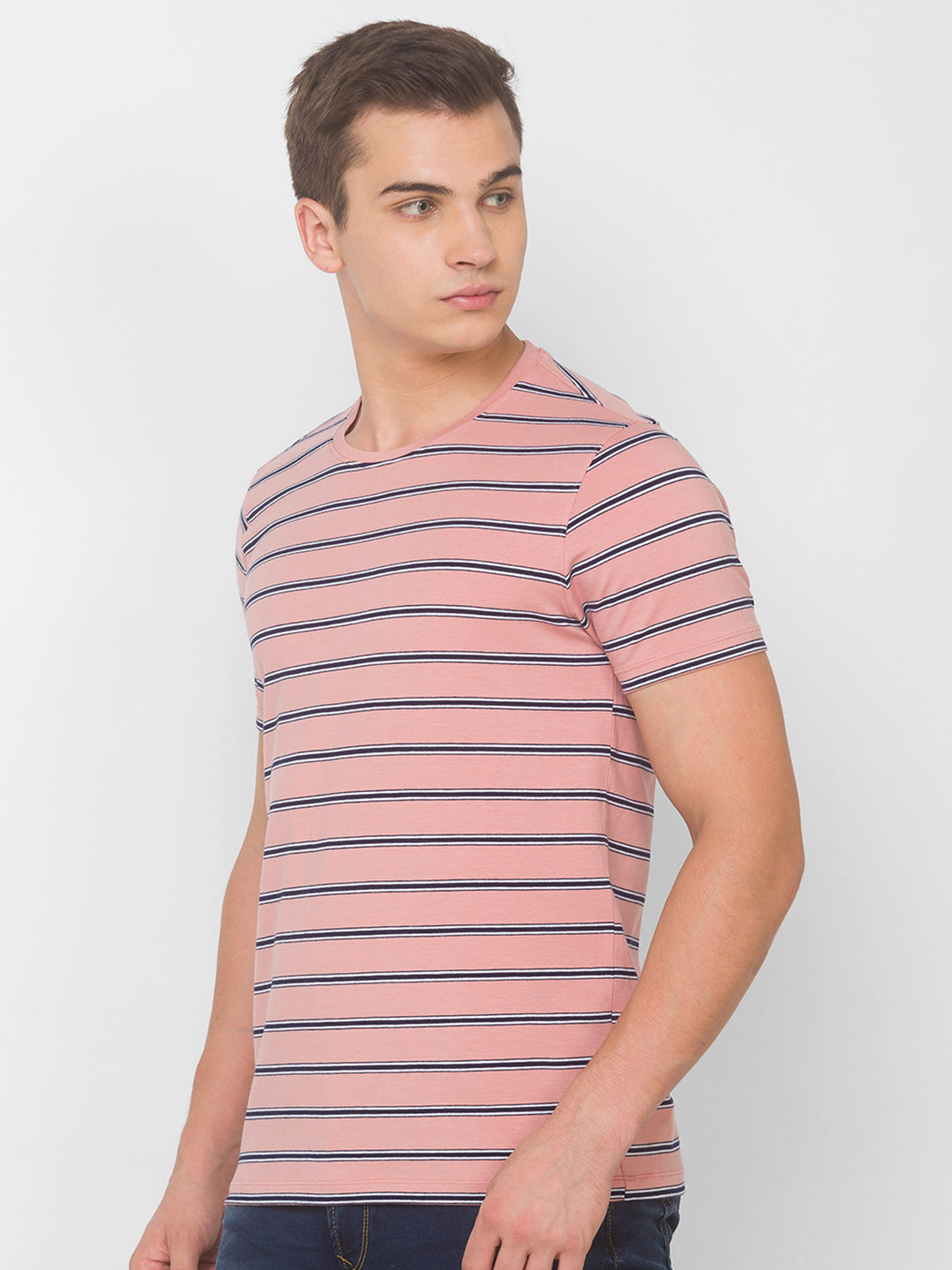 Spykar Men Pink Cotton Slim Fit Round Neck T-Shirt