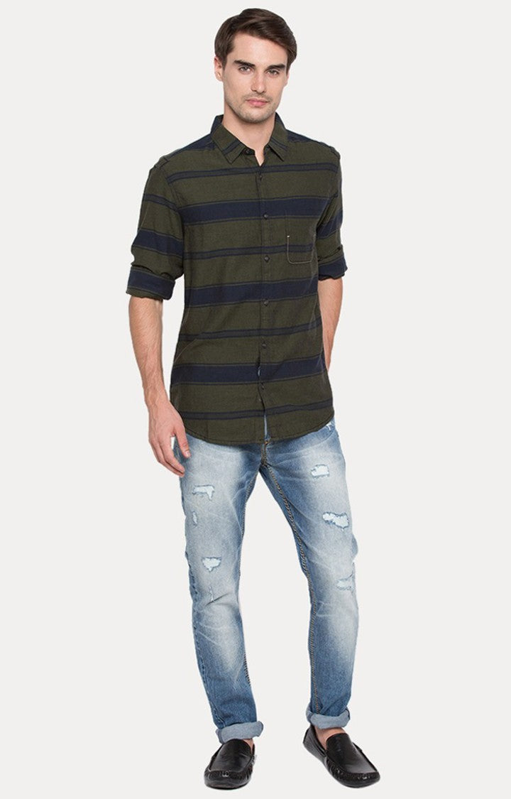 Spykar Men'S Green Cotton Striped Casual Shirts