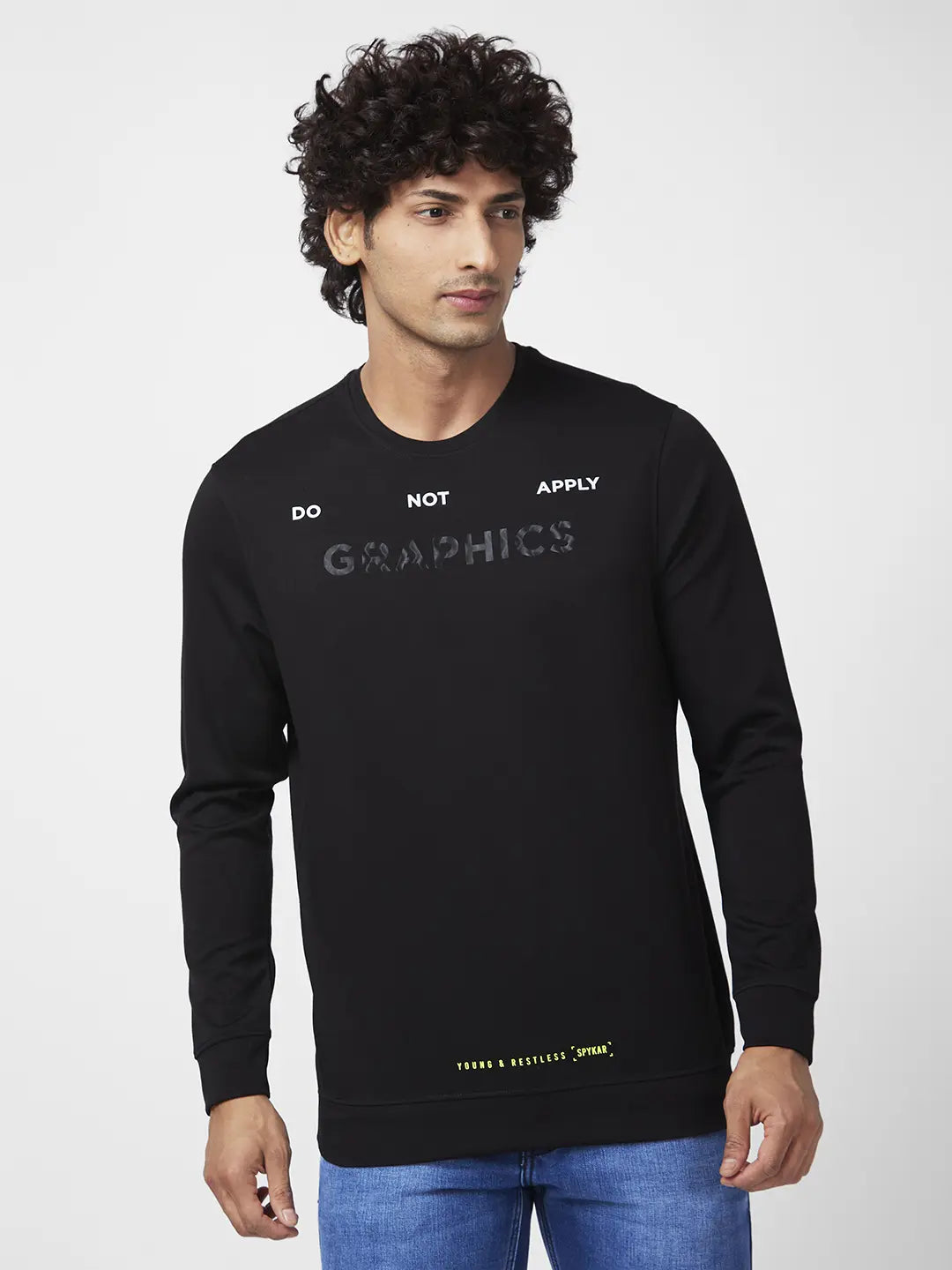 Spykar Men Black Blended Slim Fit Full Sleeve Round Neck Printed Casual Sweatshirt