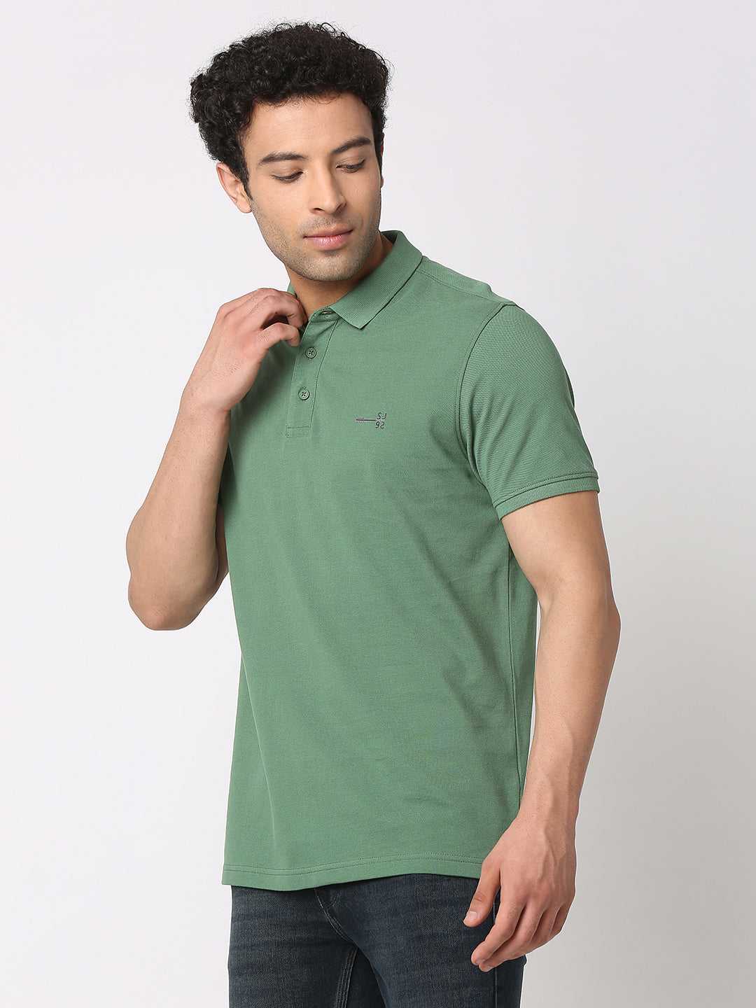 Spykar Men Dark Sage Green Cotton Regular Fit Polo Plain T-Shirt