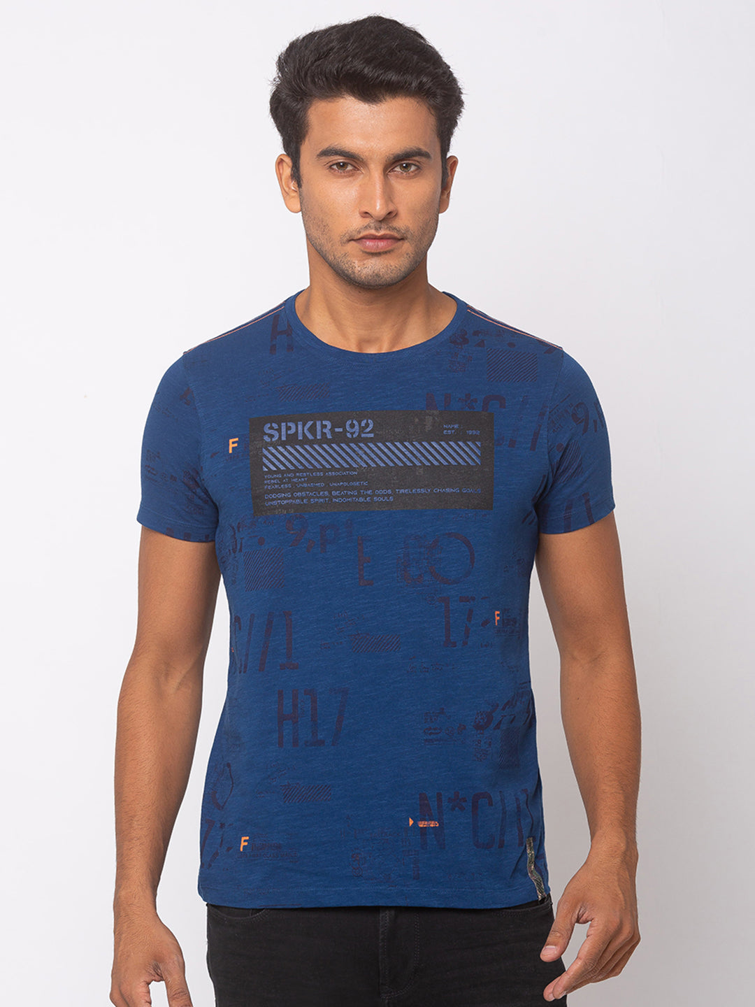 Spykar Ink Blue Cotton Men T-Shirts