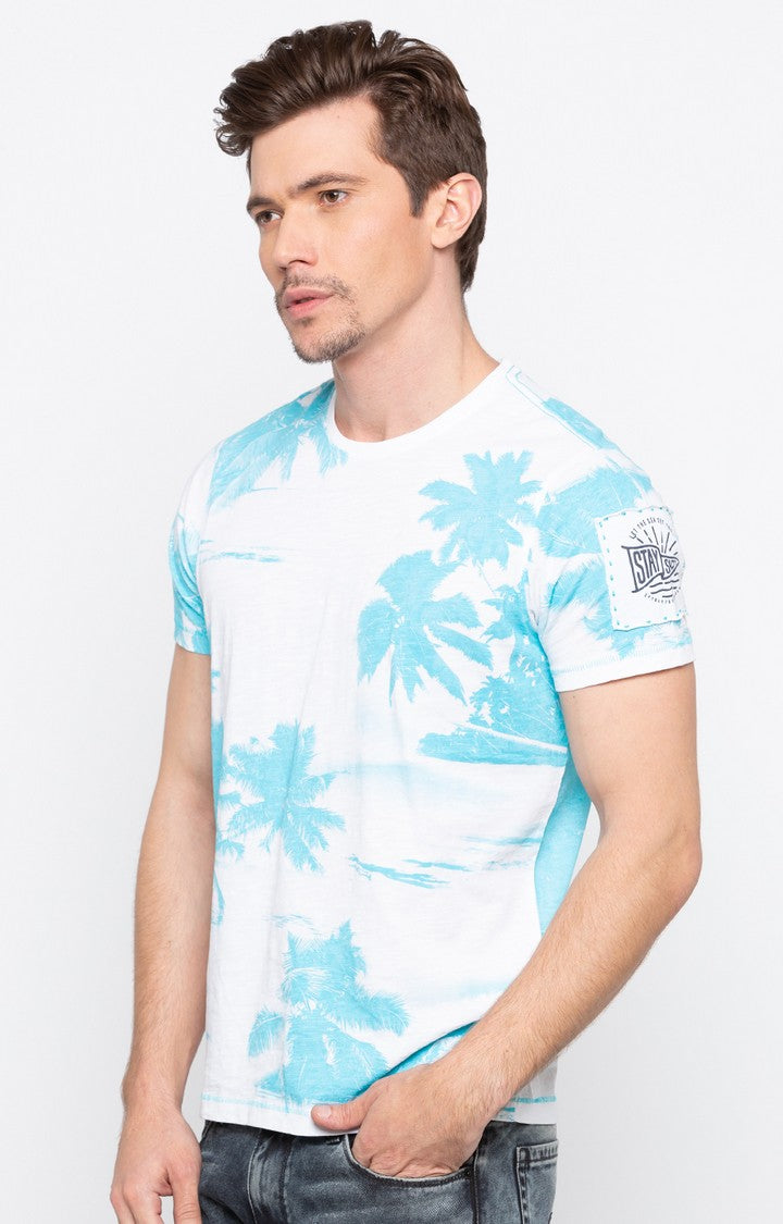 Spykar Sky Blue Printed Slim Fit Men T-Shirts