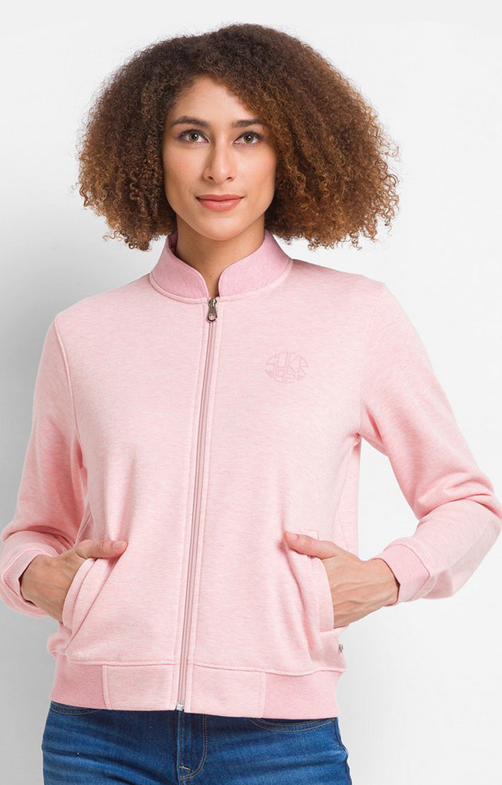 Spykar Powder Pink Cotton Blend Full Sleeve High Neck Sweatshirts For Women