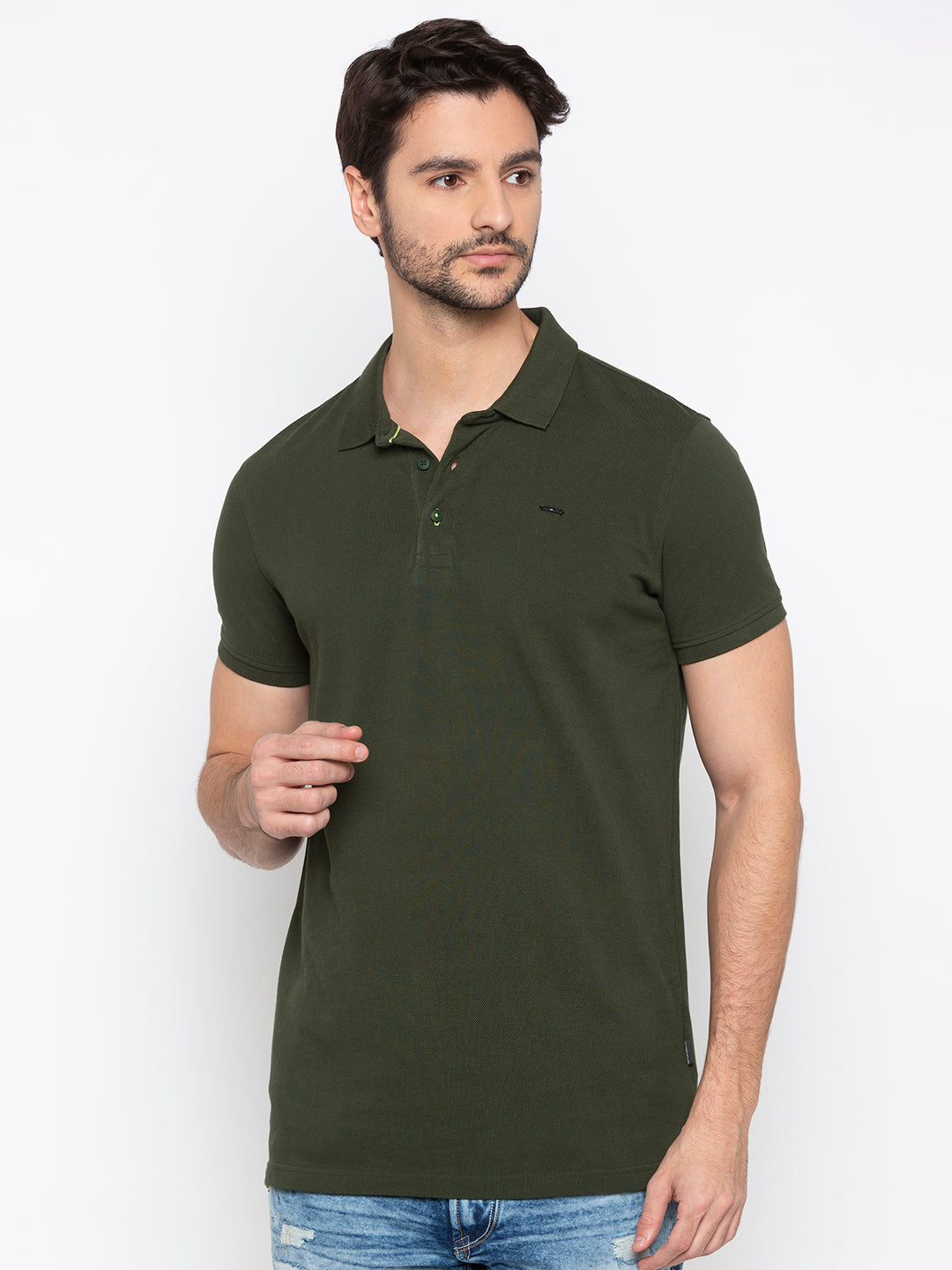 Spykar Men Green Cotton Slim Fit Polo T-Shirt