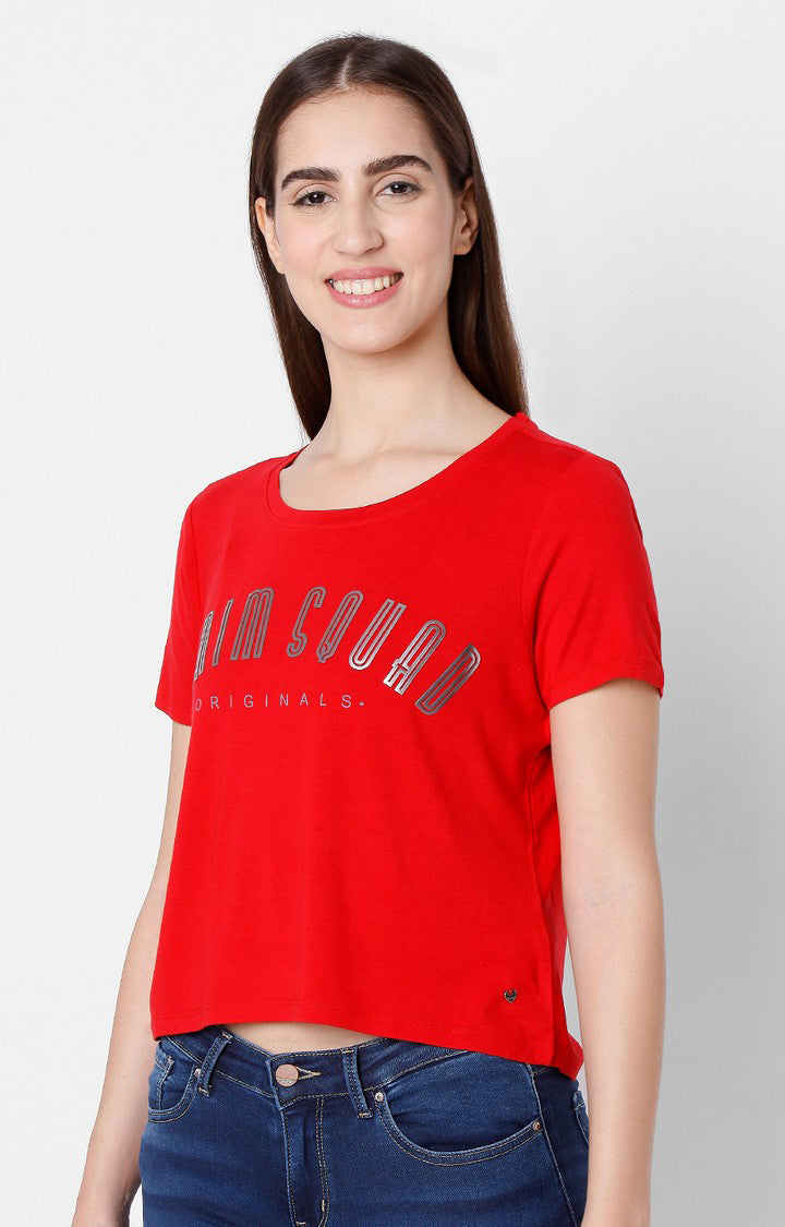 Spykar Women Red Cotton Slim Fit Round Neck T-Shirts