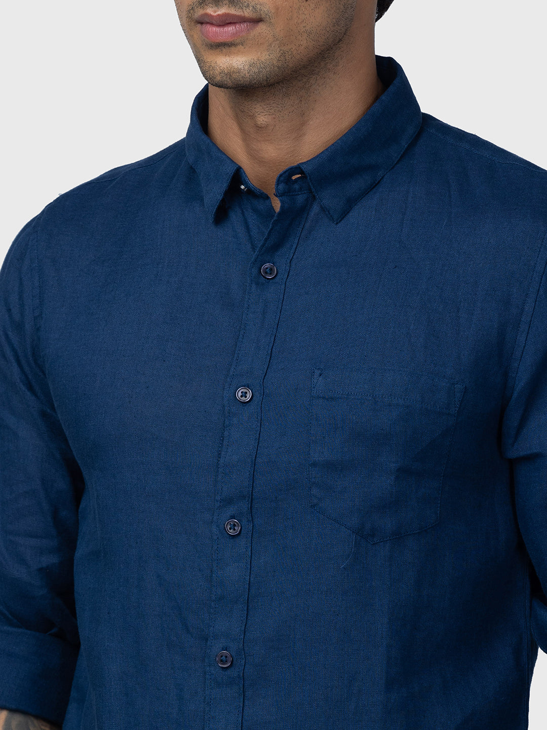 Spykar Men Navy Blue Linen Regular Slim Fit Plain Shirt