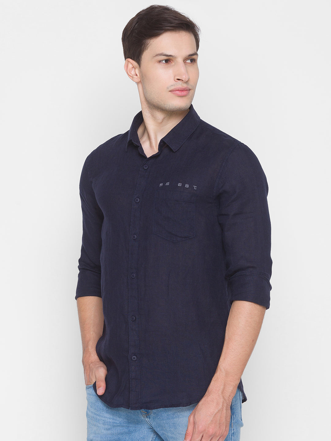 Spykar Slim Fit Blue Cotton Men Shirt