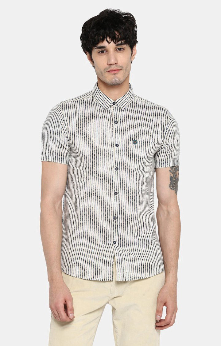 Spykar Men'S Beige Cotton Striped Casual Shirts