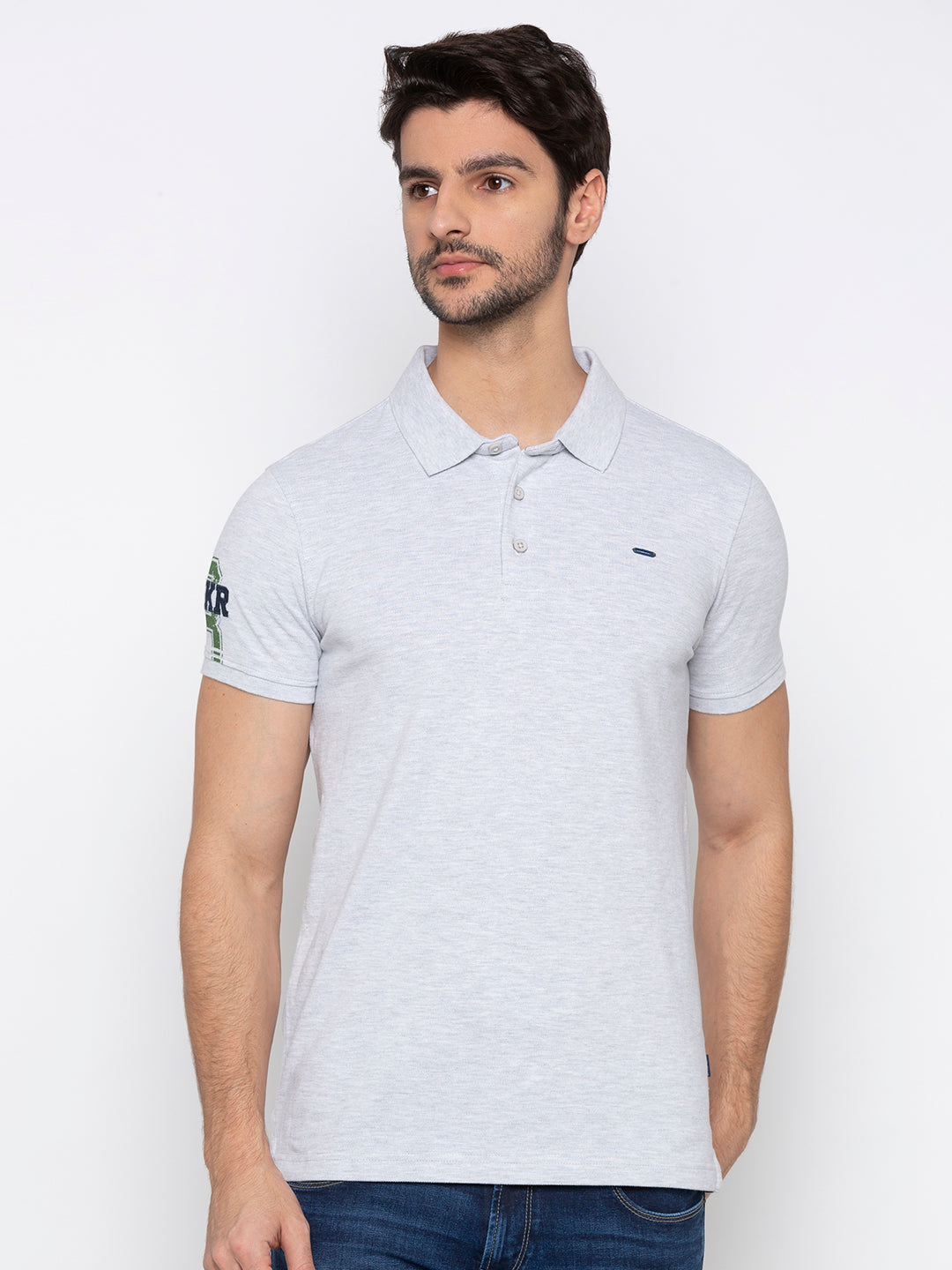 Spykar Men Grey Cotton Slim Fit Polo T-Shirt