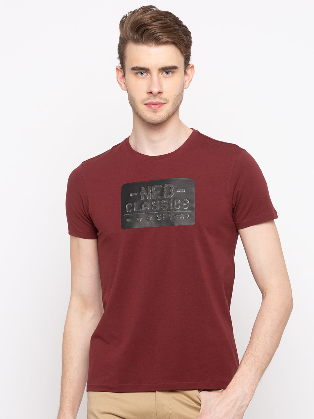 Spykar Red Cotton Slim Fit T-Shirt For Men