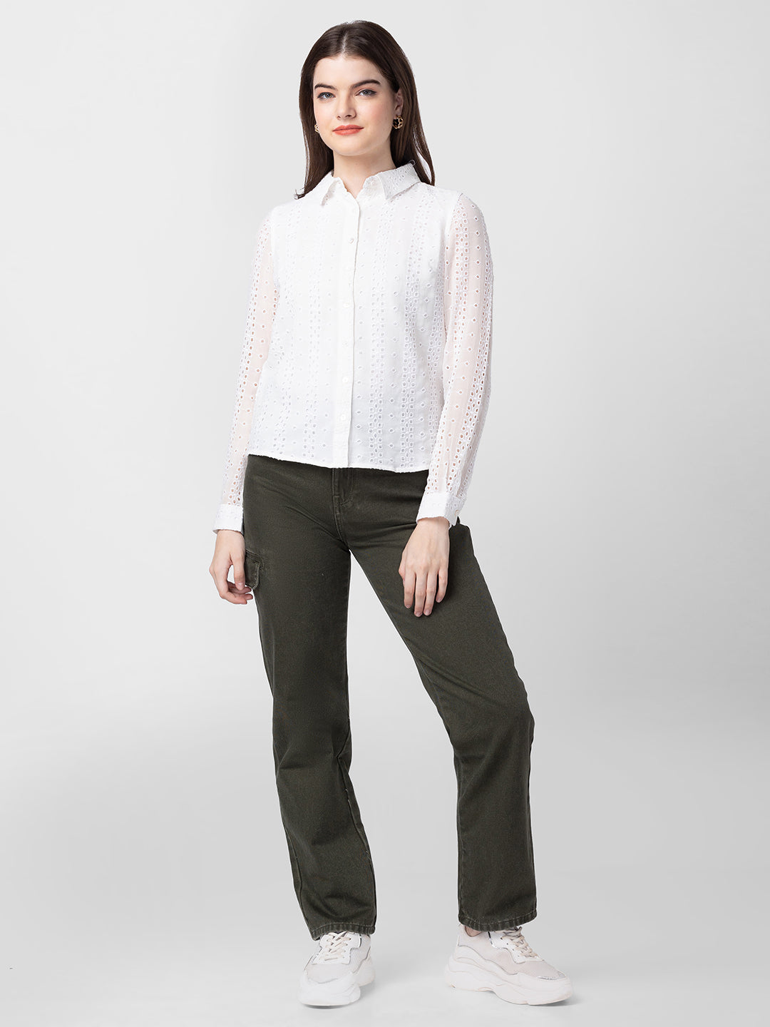 Spykar Women Off-White Cotton Slim Fit Embriodered Shirt