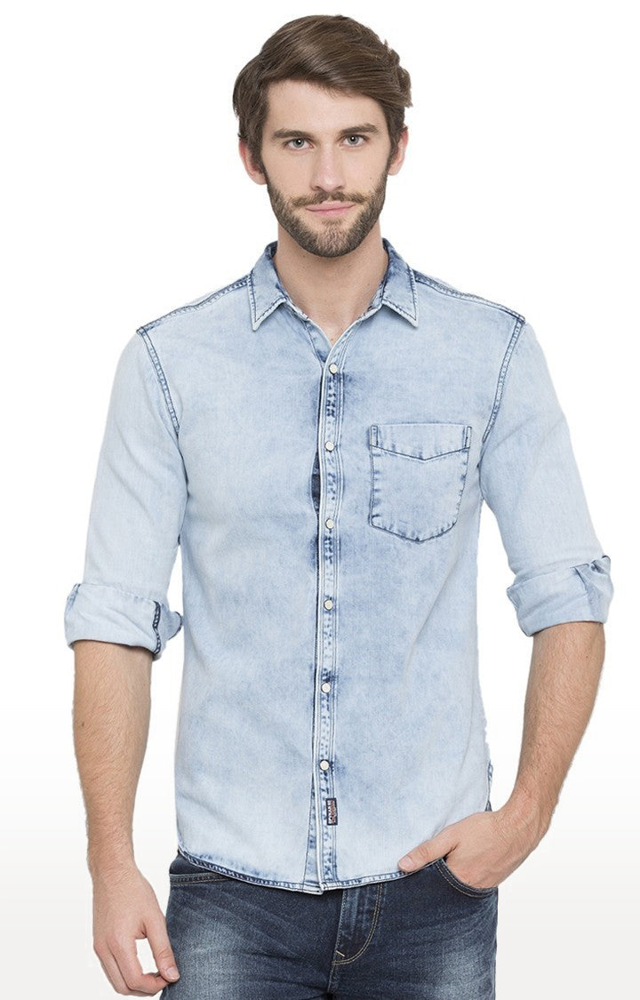 Spykar Men'S Blue Cotton Solid Casual Shirts