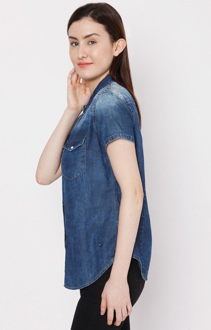 Spykar Women Dark Blue Cotton Regular Fit Denim Shirt