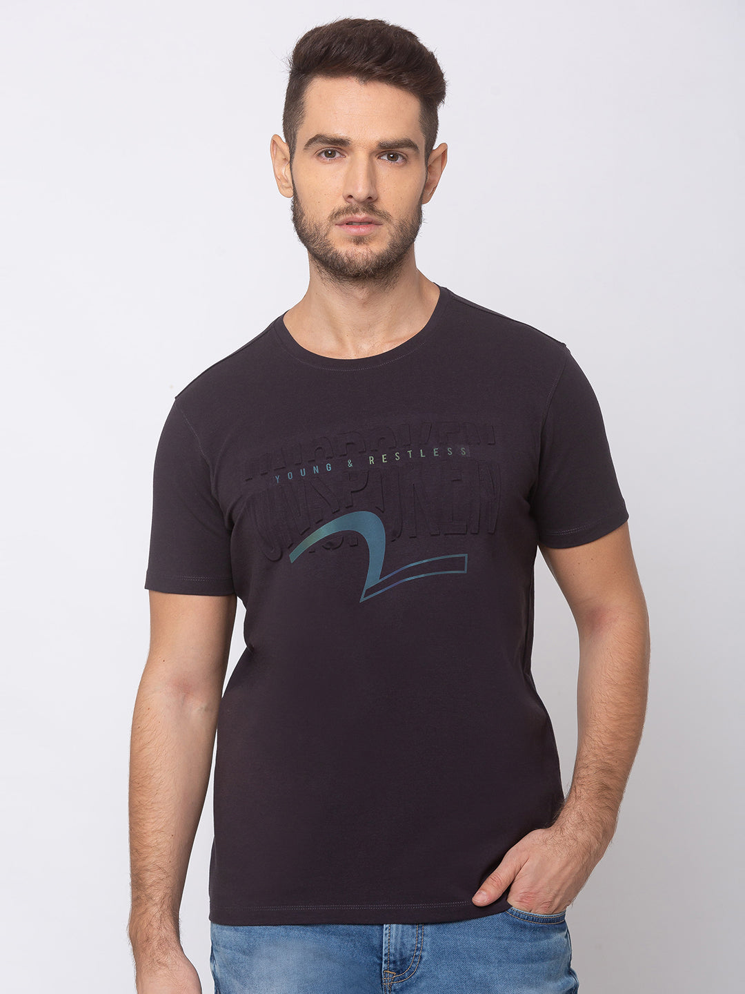 Spykar Men Charcoal Grey Blended Slim Fit T-Shirt