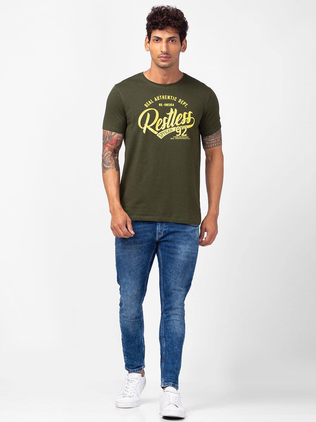 Spykar Men Olive Green Cotton Slim Fit Round Neck Printed T-Shirt