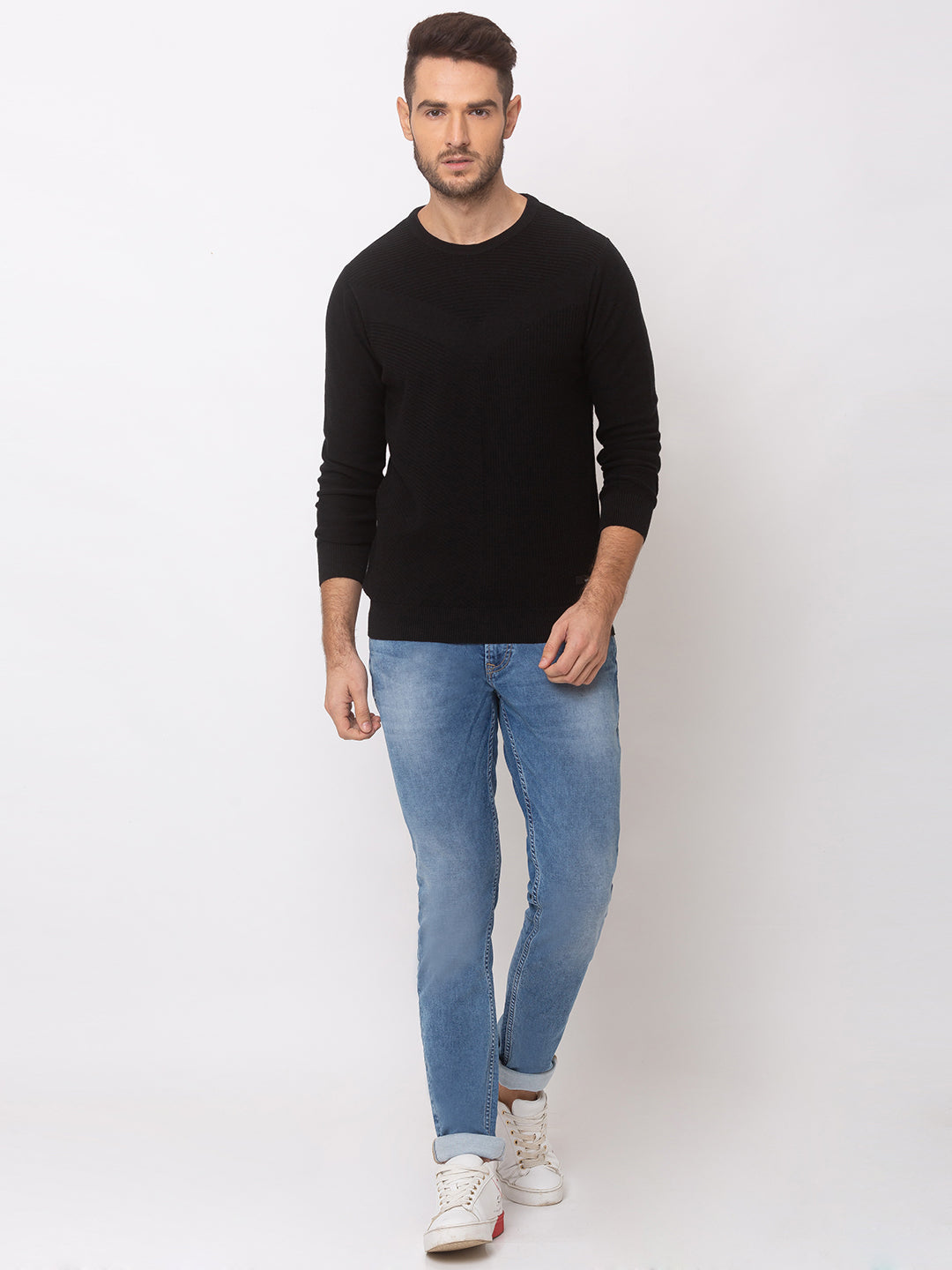 Spykar Men Black Cotton Regular Fit Sweater