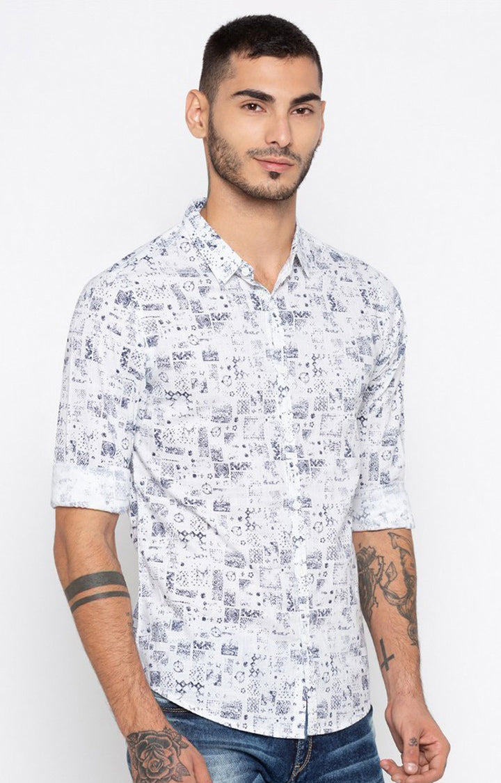 Spykar Men'S White Cotton Printed Casual Shirts