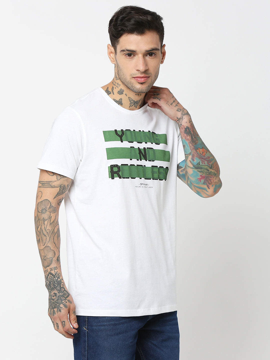 Spykar Men White Cotton Slim Fit Round Neck Printed T-Shirt