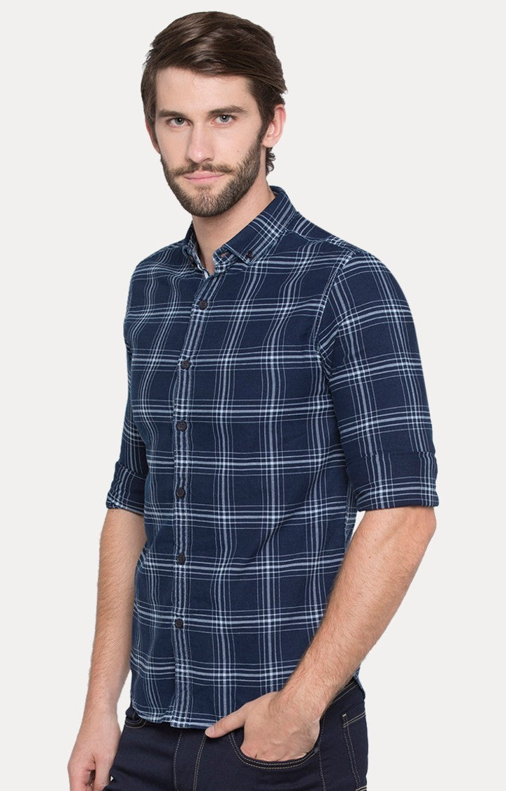 Spykar Blue Cotton Slim Fit Shirts For Men